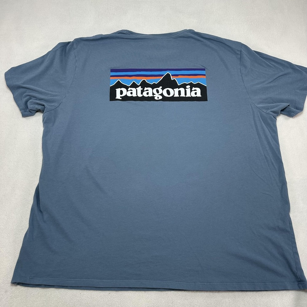Patagonia Shirt Mens 2XL Blue Logo Organic Cotton Mountains Graphic Casual Hike